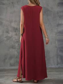 EMERY ROSE Khaki Textured Fabric V-Neck Slit Design Sleeveless Women's Dress - Burgundy - View 2