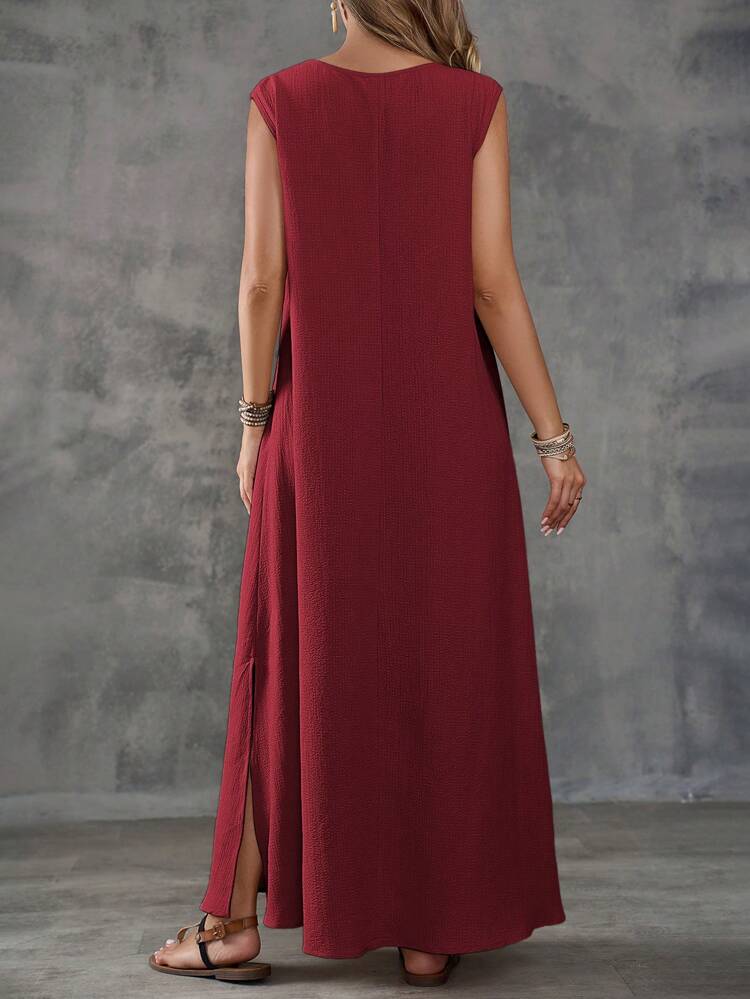 Khaki Textured Fabric V-Neck Slit Design Sleeveless Women's Dress