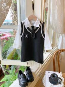 2pcs/Set Baby Girls' Spring/Autumn Outfits - White Minimalist Long Sleeve Shirt For Layering And Knitted Tank Dress To Show Your Figure, College-Style, British Fashion, Korean-Style