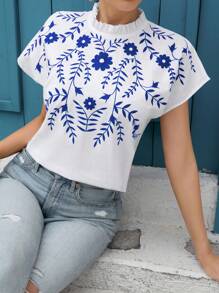 SHEIN Essnce Women Summer Casual White Top Floral Print Stand Collar Batwing Sleeve Shirt