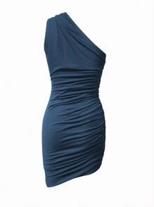 Đầm Bodycon xếp nếp cổ bất đối xứng - Màu xanh lam - Xem 2