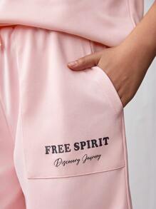 SHEIN Tween Girls' Loose Casual Sports Round Neck Short Sleeve T-Shirt And Shorts Set With Letter Print - Pink - View 7
