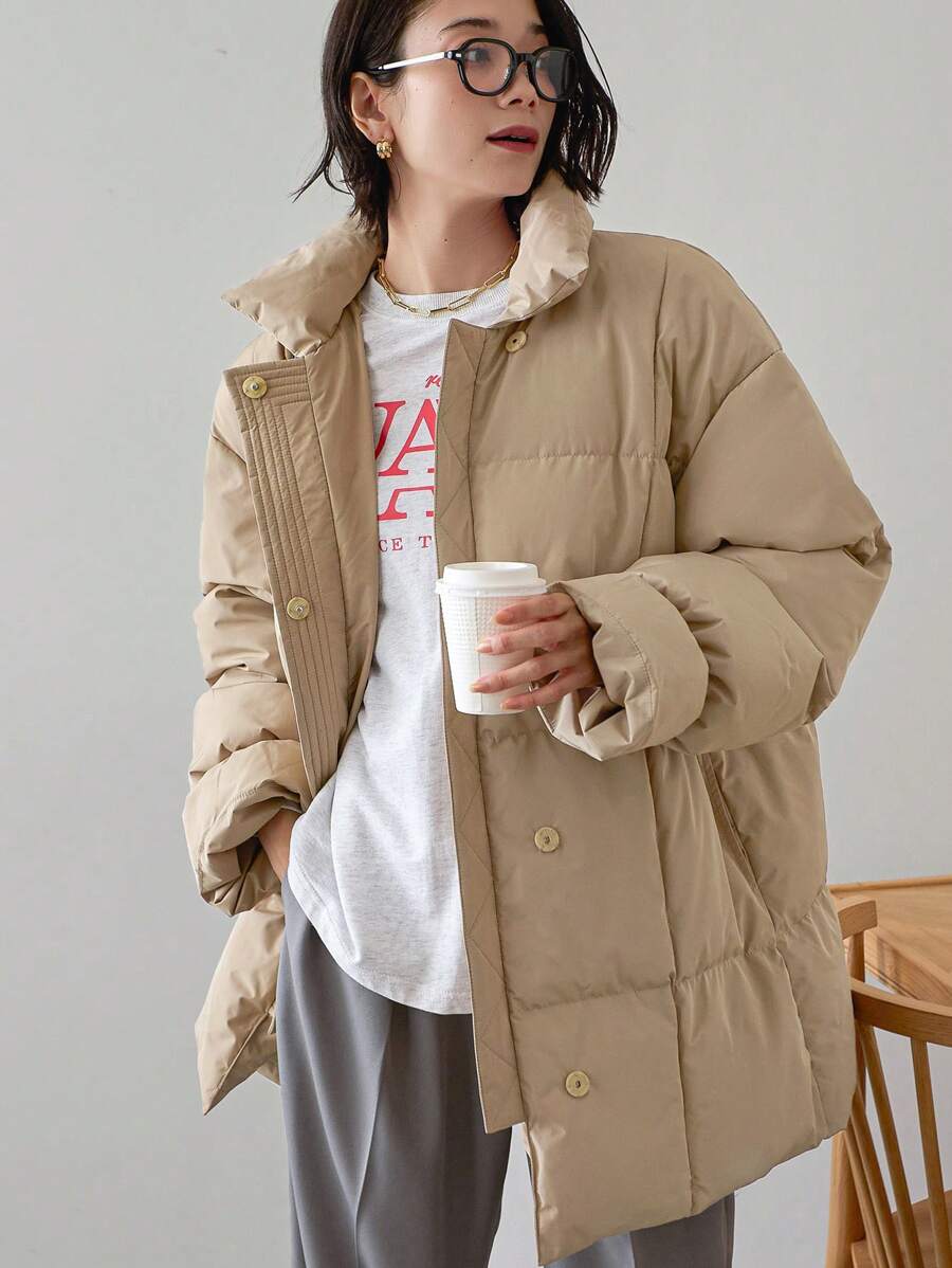 FRIFUL 1 件女士宽松纯色保暖棉服外套冬季 - 棕色 - 查看 1