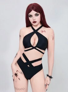 ROMWE Goth Women's Solid Color Cutout Crossed Halter Bikini Set For Summer Beach - Black - View 3