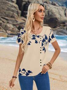 EMERY ROSE Floral Print Button Detail Blouse,Short Sleeve Tops