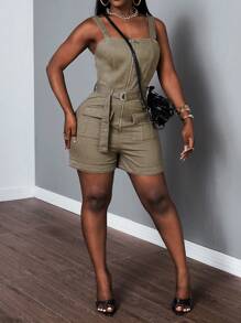 SHEIN Slayr Straps Solid Zip Up Flap Pocket Belted Sleeveless Denim Romper - Army Green - View 3
