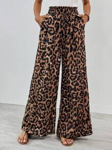 SHEIN Tall Pantalones súper anchos con estampado de leopardo de cintura alta para mujer con estilo - Multicolor - Ver 1