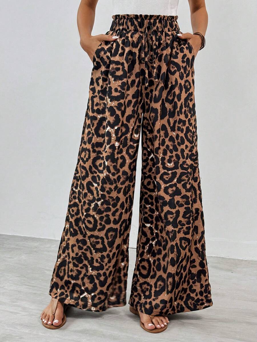 SHEIN Tall Pantalones súper anchos con estampado de leopardo de cintura alta para mujer con estilo - Multicolor - Ver 1