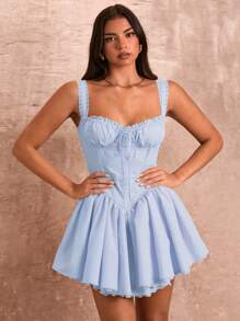 SHEIN BAE 女式褶饰细肩带背心式蕾丝拼接喇叭迷你连衣裙 - 淺藍色 - 查看 5