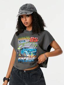 SHEIN EZwear Y2K Vintage Autoprint Kurz Crop Top, Ego Driven Person USA 85 HOLEN SIE SICH DEN RUHM - Grau - Übersicht 3