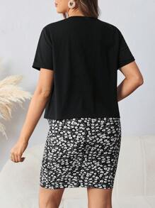 SHEIN Maternity Letter Graphic Tee & Striped Print Skirt Set - Black - View 2