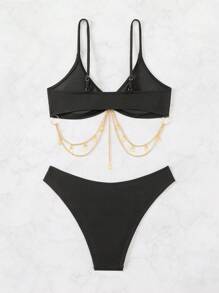 SHEIN Swim Women's Solid Color Circular-Ring Connected Sexy Bikini Set Black Bathing Suits For Summer Beach - Black - View 2