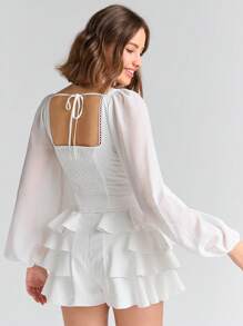 Enchnt 甜蜜心形領口燈籠袖褶皺胸前上衣 - 白色 - 查看 2