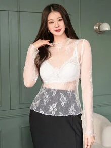 DAZY 女士蕾丝透视立领性感长袖衬衫，秋季女装 - 白色 - 查看 3