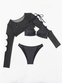 Swim EVENT Women's Summer Beach Solid Color Shiny Halter Neck Bikini Set With Long Sleeve Cover-Up, 3pcs