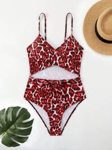 SHEIN Swim Maillot intero con stampa integrale da spiaggia estiva, con particolari traforati, nodi e stampa casuale
