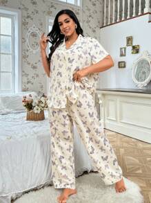 CottageSlumber Bubble & Wrinkle Butterfly Printed Collared Casual Plus Size Short Sleeve Top And Long Pants Pajama Set - Multicolor - View 3
