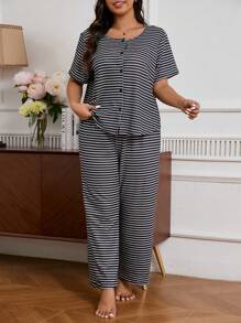 Plus Size Textured Stripe & Print Round Neck Short Sleeve Top And Pants Pajama Set - Multicolor - View 5