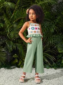 SHEIN Jumpsuit für Kleine Mädchen, handgewebtes Farbblock Crochet Tape ärmelloses lockeres Lässig kleid