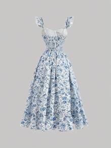 SHEIN MOD Váy in hoa thực vật màu xanh và trắng mùa hè dành cho nữ,Váy hoa dài,Đầm dự tiệc trà,Váy cổ điển,Váy nữ mùa hè,Đầm Hawaii,Đầm dài đi biển,Đầm dài đi biển - Xanh và trắng - Xem 2
