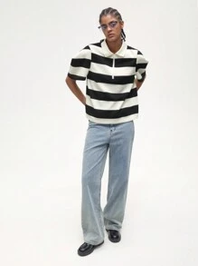 Maija 黑白条纹设计 Polo 领衬衫，百搭休闲时尚服饰，适合春季、夏季、初秋、七月独立日、毕业季，舒适的针织面料，黑色和米色 - 黑與白 - 查看 7