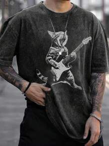 Manfinity Dauomo 男士夏季休閒拼接短袖T卹，印花圖形，哥特式復古洗水工藝，街頭風格，搖滾貓拉奏吉他復古卹，有趣的貓吉他印花T卹