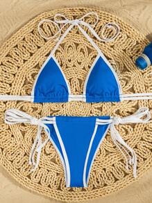 SHEIN Swim Contrast Binding Halter Triangle Bra & Bikini Bottom Summer - Multicolor - View 1