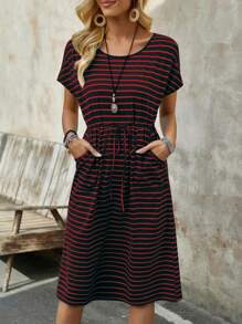 EMERY ROSE Women's Striped Drawstring Waist Slant Pocket Casual Dress For Summer - Multicolor - View 3