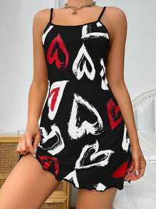 SweetSlumber Milk Silk Heart Printed Fashion Summer Camisole Pajama Dress - Black - View 5