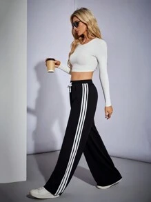 SHEIN Tall 女士运动装棉质编织带阔腿黑色运动裤 - 黑與白 - 查看 7