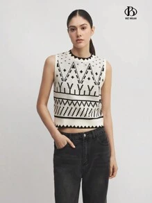 BizChic Áo len dệt kim cổ tròn phối màu cho nữ trang phục mùa thu - Màu be - Xem 8