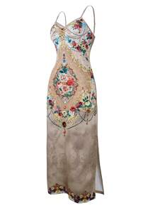 SHEIN Teen Girl PUNK Floral Print Split Thigh Cami Dress Without Gloves - Apricot - View 8