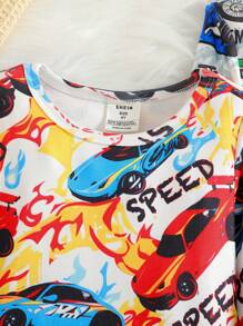 2pcs Young Boy Casual Flame Racing Car Graphic Knitted Sweatshirt & Pants Snug Fit Loungewear Set - Multicolor - View 3