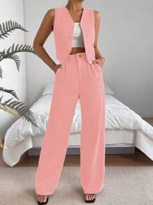 Chiquease Women's 2pcs Set V-Neck Sleeveless Buttoned Simple Top And Straight Wide-Leg Pants - Pink - View 4