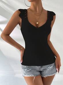 Chiquease Women's Deep V-Neck Lace Contrast Ruffle Ribbed Knit Tank Top - Black - View 4