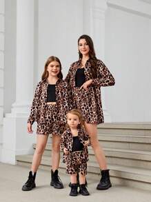 SHEIN Essnce Women's Summer Or Fall OutfitsLeopard Print Long Sleeve Button Up Shirt And Stylish Loose Casual Shorts, 2pcs/Set Button Down Shirt  - Mommy And Me Matching Outfits (Sold Separately) - Multicolor - View 1