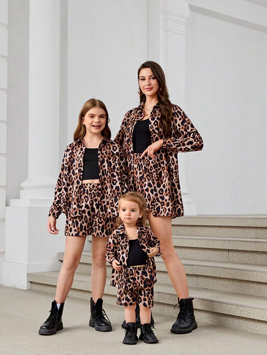 SHEIN Essnce Women's Summer Or Fall OutfitsLeopard Print Long Sleeve Button Up Shirt And Stylish Loose Casual Shorts, 2pcs/Set Button Down Shirt  - Mommy And Me Matching Outfits (Sold Separately) - Multicolor - View 1