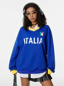 Muchica 超大尺寸街頭風格時尚且百搭的女式復古意大利地標印花Y2K拼色運動衫 - 藍色 - 查看 1