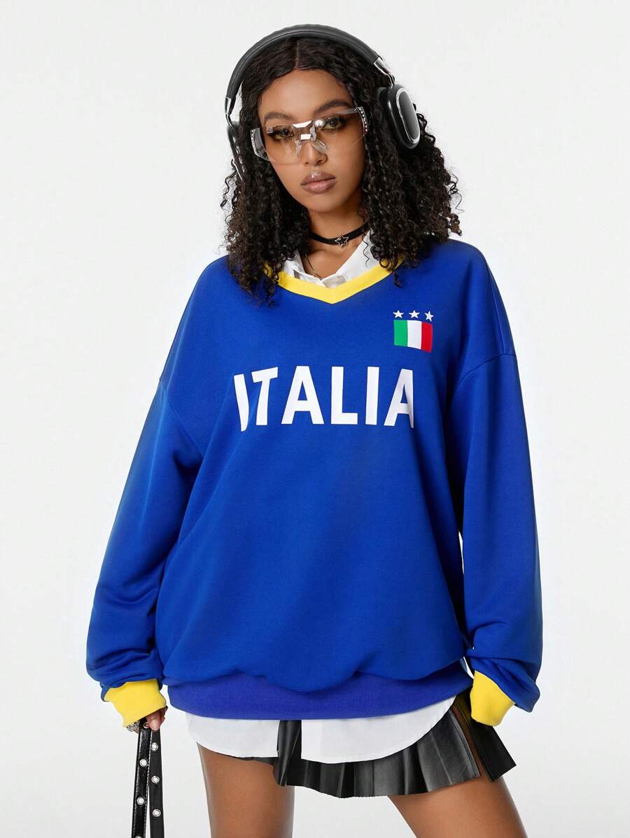 Muchica 超大尺寸街頭風格時尚且百搭的女式復古意大利地標印花Y2K拼色運動衫 - 藍色 - 查看 1