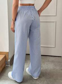 EURMUSE Cozy Low Waist Striped Print Patchwork Casual Pants - Blue - View 2