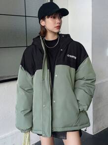 FRIFUL Áo khoác trùm đầu in chữ màu khối rộng rãi ấm áp thường ngày cho nữ mùa đông - màu xanh lá - Xem 3