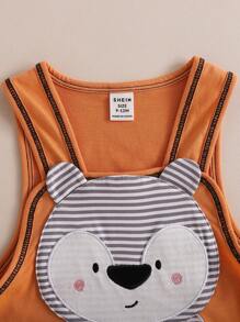 嬰兒男童服裝套裝，動物刺繡背帶褲和上衣，2件套 - 橘色 - 查看 3