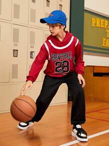 SHEIN 2pcs/Set Teen Boys' Casual Hoodie And Sweatpants Outfit, Printed Basketball Design - Red - View 5