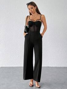 SHEIN PETITE Women Are Suitable For Parties. Sexy Party Wear. Breast Cup Black Suspender Jumpsuit. - Black - View 1
