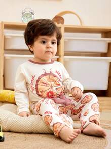 3 pièces/set Pantalon long, Top à manches longues et sac assortis pour bébé garçon avec imprimé 3D de lettres, d'émoticônes et de pizza - Multicolore - Voir 5
