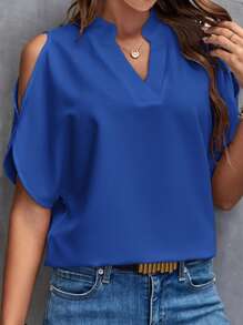 SHEIN Clasi Solid Cold Shoulder Batwing Sleeve Popover Blouse