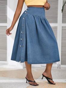 SHEIN VCAY Plus Size Loose Fit Denim Skirt With Side Split, Blue, For Casual & Vacation Wear - Medium Wash - View 4