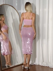 SHEIN ICON Women's Summer Holiday Style Mesh See-Through Vest And Cool Shiny Sequined Split Skirt 2 Pieces Set