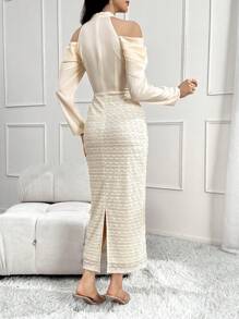 Modelyn 女士纯色露肩长袖褶皱高开衩长款晚礼服 - 米色 - 查看 2