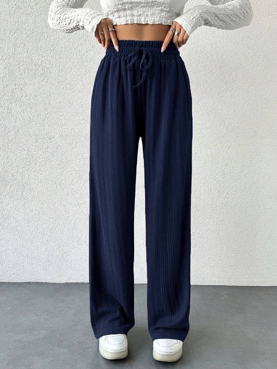 EURMUSE Women's Casual Wide Leg Pants With Elastic Waistband And Drawstring, H-Shaped Design - Navy Blue - View 1